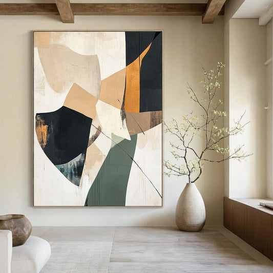 Large contemporary abstract painting featuring beige black and green shapes on a white background with minimalistic collage-like elements and soft atmospheric effects. DLZ1039
