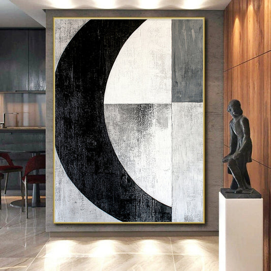 Black, White, Gray, Textured Crescent "Midnight Moon" Abstract Expressionist Painting On Canvas HB104