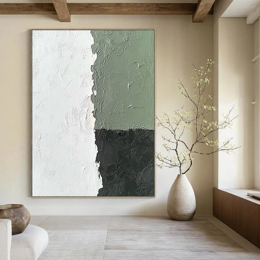 Contemporary abstract oil painting featuring white gray green tones organic brushstrokes and rich details creating a minimalist atmosphere with contrasting dark colors. DLZ1743