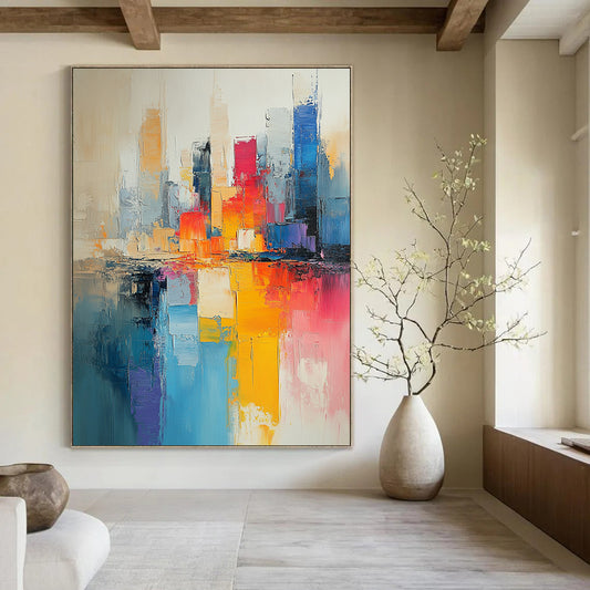 Contemporary hand-painted abstract art featuring a cityscape in muted beige and light blue tones with vibrant pinks yellows and expressive brushstrokes. DLZ0591
