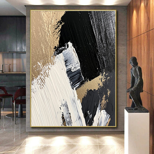 Black, White, Gold, Brush Strokes "Gilded Impasto Energy" Abstract Expressionist Painting On Canvas HB167