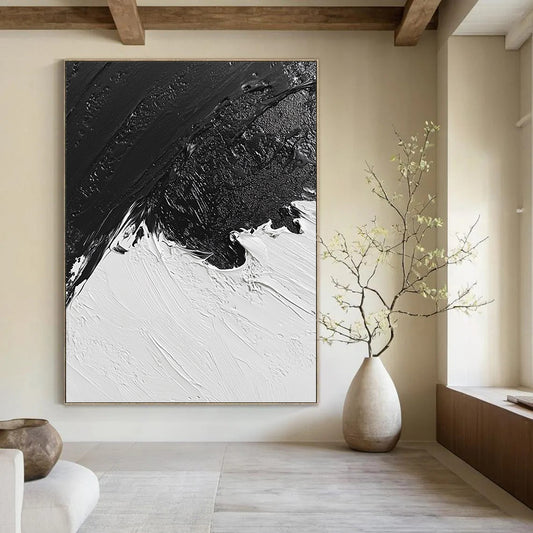 Contemporary abstract oil painting features a snowy landscape in black and white inspired by classic artistry, capturing a unique aerial perspective. DLZ0298