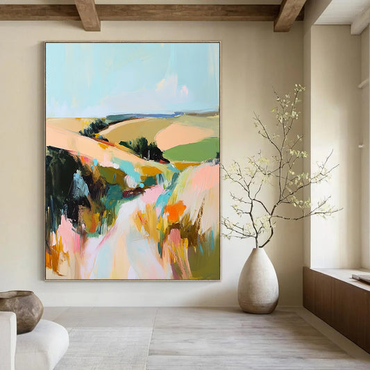 Contemporary abstract landscape painting featuring thick paint application and vibrant muted colors capturing rolling fields and hills under a serene sky. DLZ0455