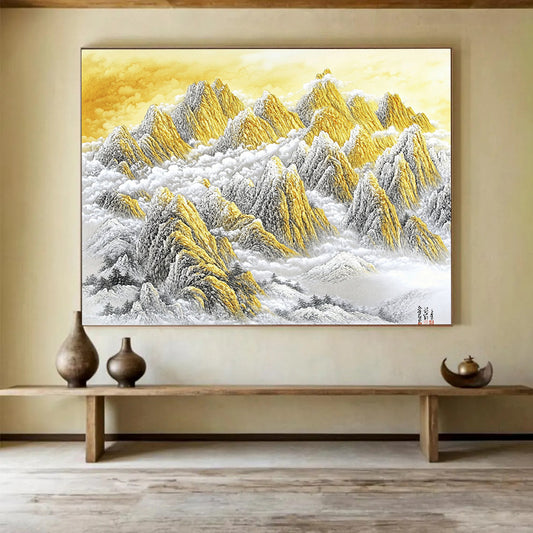 “Golden Mountain Peaks in Clouds” - Gold, White, Gray, Majestic Mountain Scene - Chinese Ink Painting HB1648