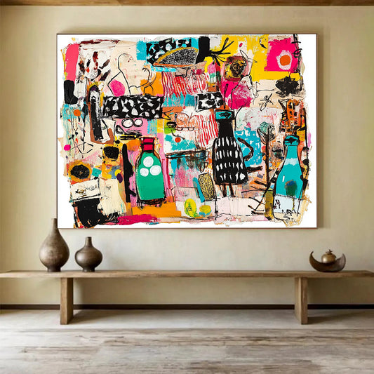 “Colorful Collage Chaos” - Multicolor, Abstract Objects, Collage - like - Mixed Media Painting HB1483
