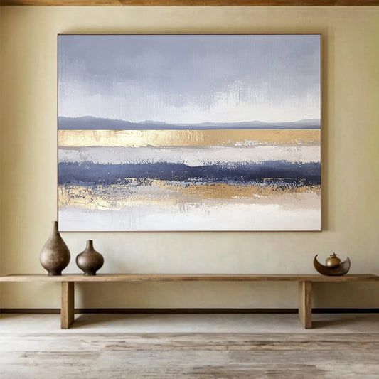 “Gray - Blue Abstract with Gold Bands” - Gray, Blue, Gold, Horizontal Landscape Bands Painting On Canvas HB0852