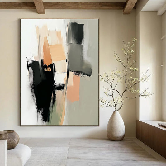 Contemporary hand-painted abstract art featuring thick brushstrokes in neutral tones of beige and black with geometric shapes and soft edges. DLZ0430