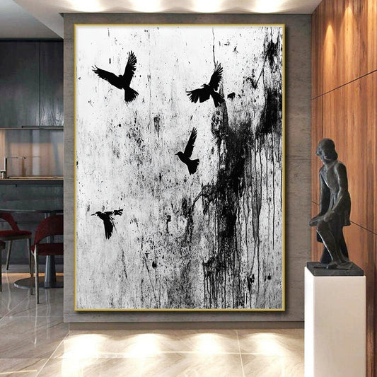 Black Birds on Grunge Wall "Urban Flight" Painting On Canvas HB304