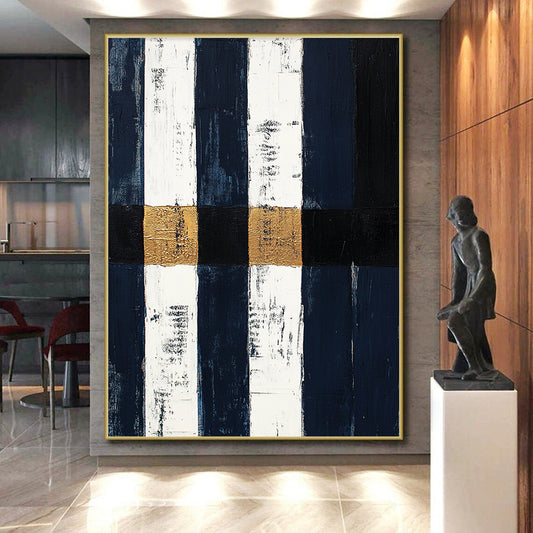 Navy, White, Gold, Black, Vertical Stripes "Nautical Gilded Stripes" Abstract Coastal - Inspired Painting On Canvas HB153