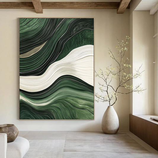 Contemporary hand-painted abstract art with flowing green and white lines, jade texture, and relief effect on a dark background, showcasing elegance and cultural heritage. DLZ0277
