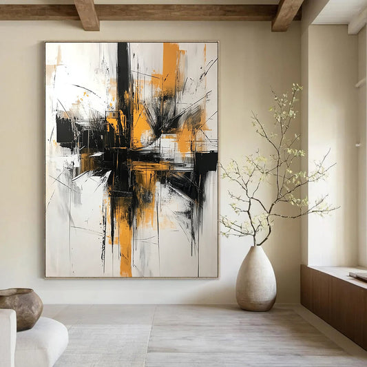 Contemporary hand-painted abstract artwork featuring black and white brushstrokes with yellow accents creating dynamic architectural shapes against an off-white background. DLZ1372