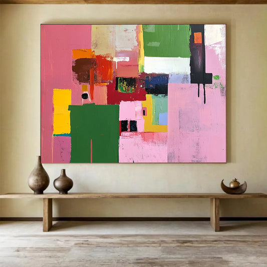 “Colorful Geometric Blocks” - Pink, Green, Yellow, Abstract Shapes - Acrylic Painting HB1487