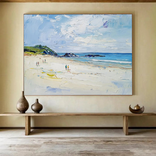 “Vibrant Beach Scene” - Blue, Green, White, Impasto Beach Painting On Canvas HB1009