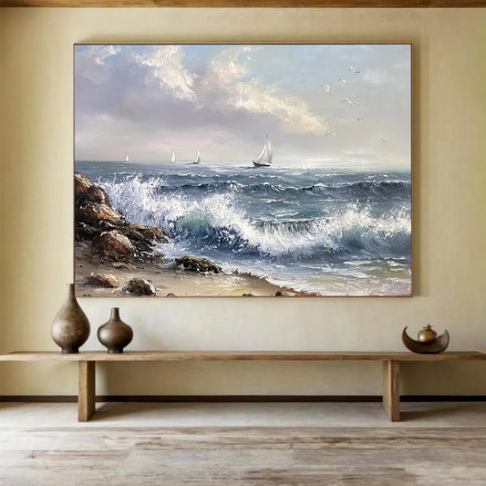 “Sailing Serenity” - Blues, Whites, Greys, Sailboats at Sea - Realist Oil Painting HB1605