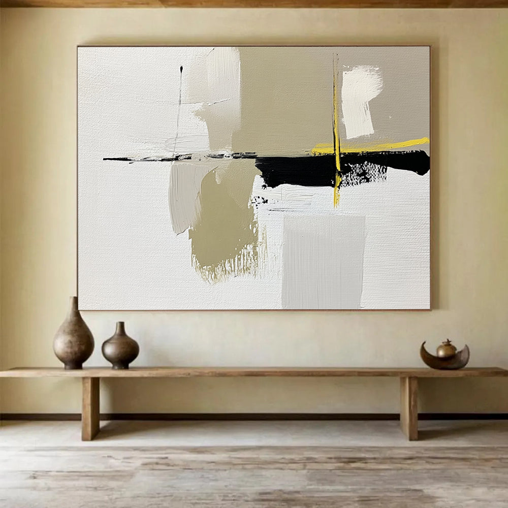 “Abstract Minimalist Shapes” - White, Beige, Black, Yellow, Geometric Abstract Painting On Canvas HB0958