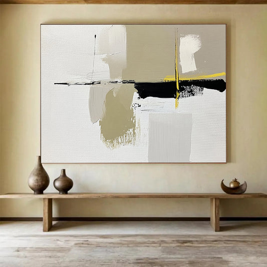 “Abstract Minimalist Shapes” - White, Beige, Black, Yellow, Geometric Abstract Painting On Canvas HB0958