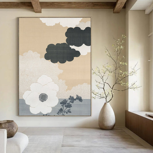 Contemporary abstract art features a beige and white cloud pattern on a gray ombre background with a large white flower and minimalist accents. DLZ1134