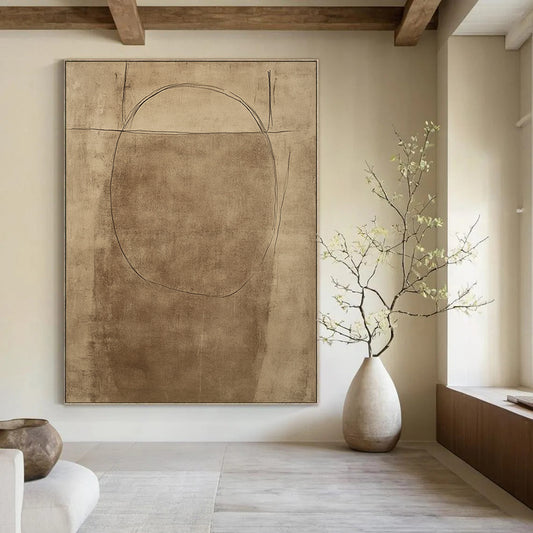 Contemporary hand-drawn abstract artwork showcasing a simplistic figure design with soft curves and a warm brown background. DLZ1469