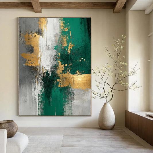 Large contemporary abstract painting featuring gold foil texture emerald green and white tones on light gray background with elegant composition and soft lighting. DLZ0273