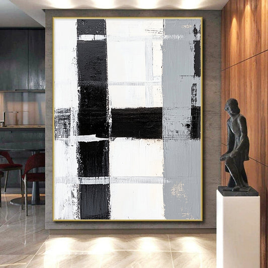 Black, White, Gray, Patchwork Squares "Monochrome Patchwork" Abstract Minimalist Painting On Canvas HB160