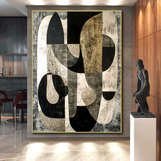 Black, Gray & Gold Abstract Forms - “Gilded Industrial Abstraction” Painting On Canvas HB204
