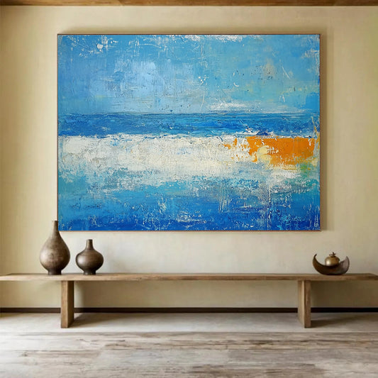 “Abstract Beach Horizons” - Blues, whites, oranges; Softly layered beach and sea; Color - Field Acrylic Painting On Canvas HB1185