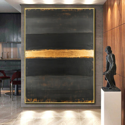 Black & Gold Horizontal Stripes - “Elegant Night Divide” Painting On Canvas HB192