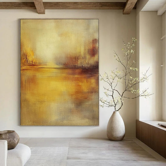 Contemporary hand-painted abstract artwork featuring muted tones, soft brushstrokes, and a tranquil water reflection illuminated by golden hour light. DLZ0420