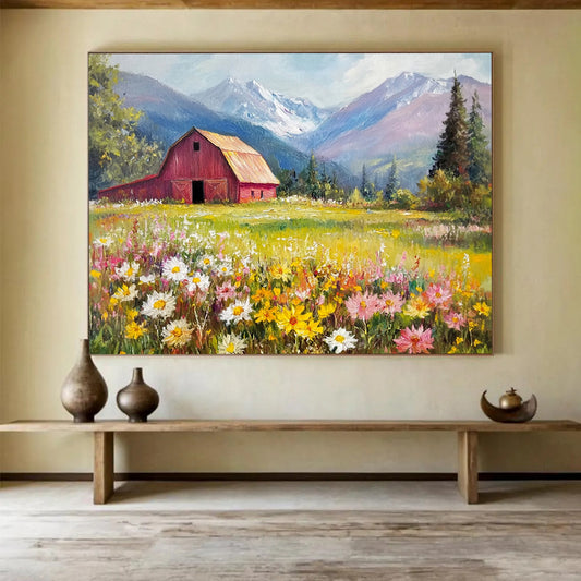 “Mountain Valley Barn” - Lush Greens, Yellows, Pinks, Barn in Flower - Filled Valley - Romantic Oil Painting HB1692