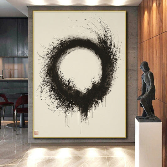 Black & Gray Textured Circular Ink - “Ethereal Enso Nest” Painting On Canvas HB246