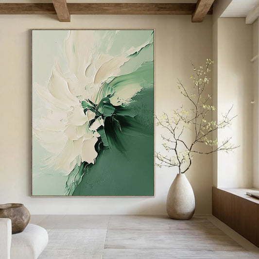 Contemporary abstract painting featuring a white and green flower with fluid shapes soft edges and vibrant colors in a dreamy texture. DLZ0606