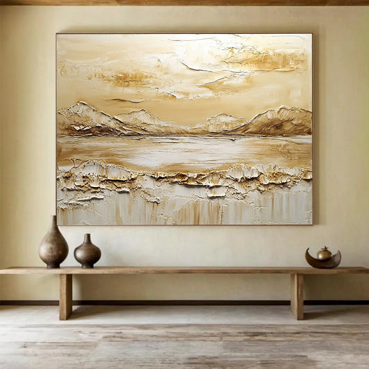 “Earthy Tones Textured Landscape” - Beige, Brown, White, 3D Mountain - Lake Abstract Painting On Canvas HB0982