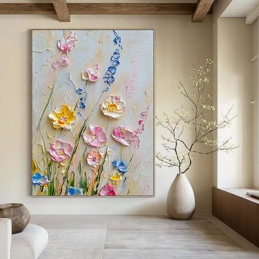 Contemporary hand-painted abstract artwork showcases delicate wildflowers in pastel pinks yellows and blues against a crisp white background. DLZ1246