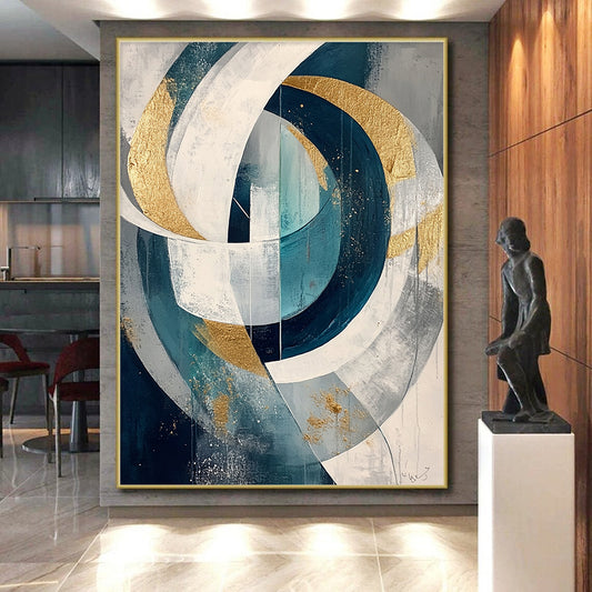 Teal, White, Gray and Gold Intertwined Circles "Celestial Loops" Painting On Canvas HB320
