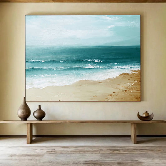 “Serene Seashore” - Blues, Browns, Whites, Calm Beach - Minimalist Acrylic Painting HB1599