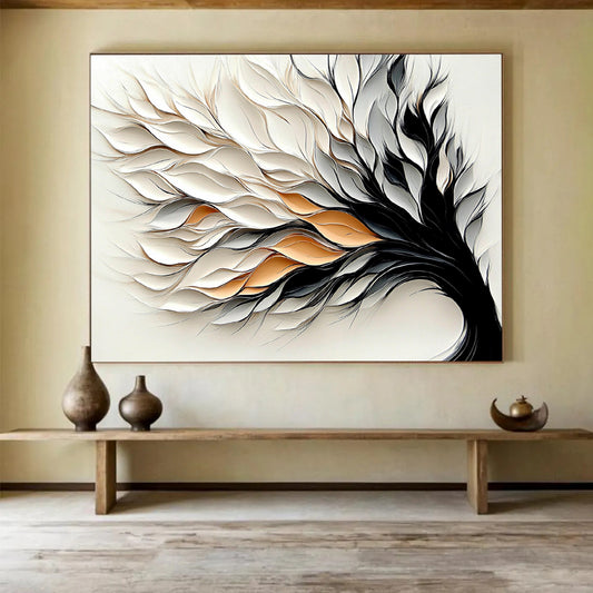 “Textured Tree” - White, Gray, Black, Gold with Layered Leaves - 3D Abstract Sculpture HB1345
