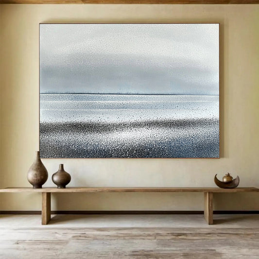 “Silver - Gray Dotted Horizon” - Silver, Gray, Dotted Coastal Lines Painting On Canvas HB0788