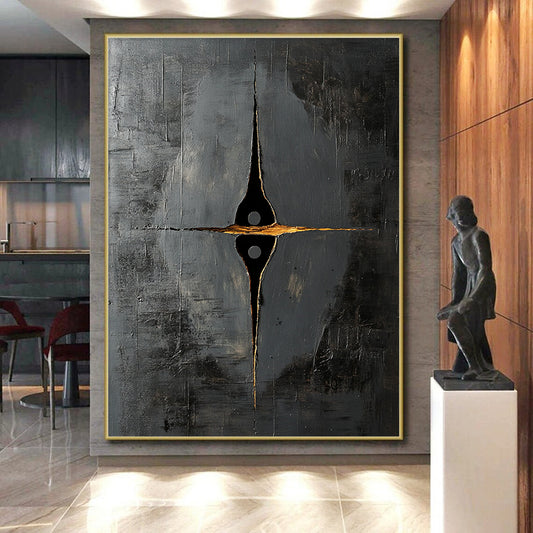 Black, Gray and Gold Geometric Cross "Mystic Compass" Painting On Canvas HB361