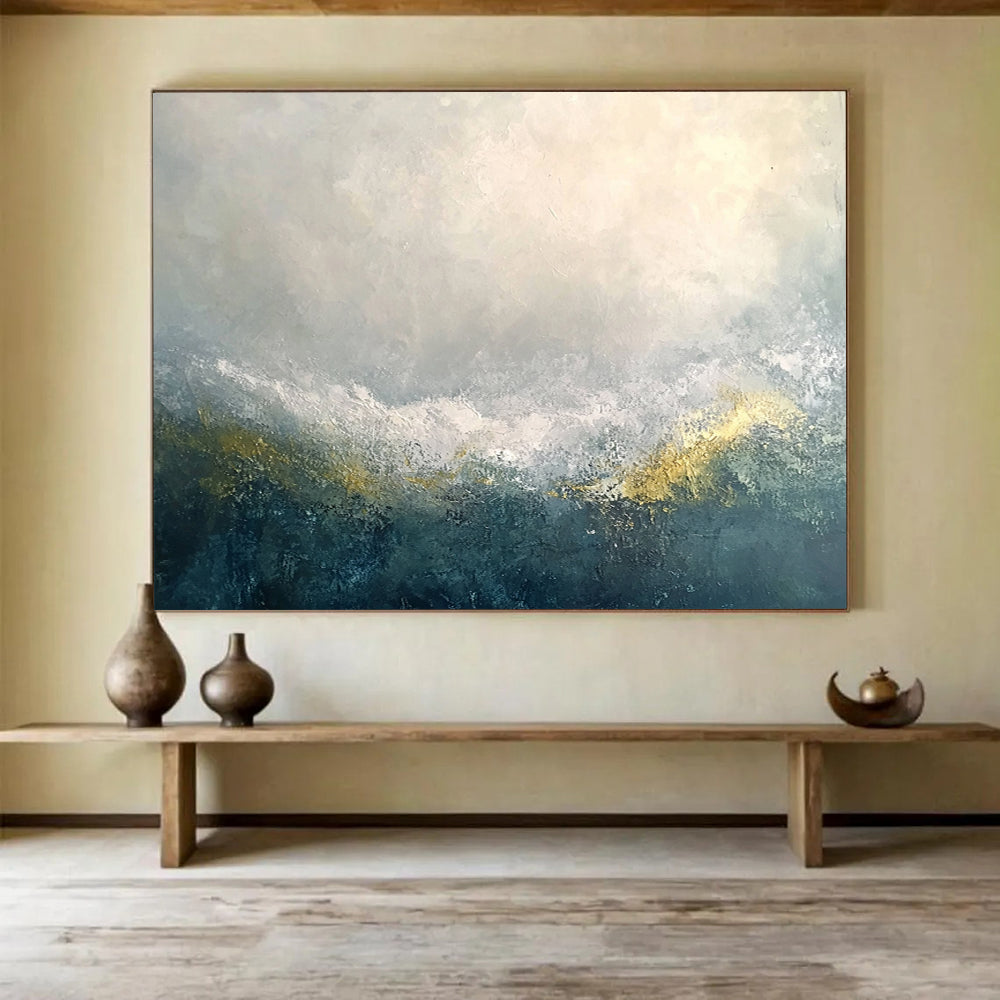 “Mystic Gray - Gold Horizons” - Gray, White, Gold, Abstract Misty Mountain Ranges Painting On Canvas HB1019