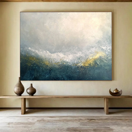 “Mystic Gray - Gold Horizons” - Gray, White, Gold, Abstract Misty Mountain Ranges Painting On Canvas HB1019