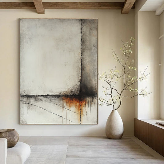 Contemporary abstract artwork featuring a misty ocean scene in light gray and amber tones with minimalistic dry brush techniques and hints of rusted metal. DLZ1004