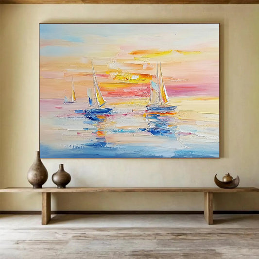 Sailboats at Sunset on Calm Waters - Impressionistic Seaside Painting On Canvas HB0454