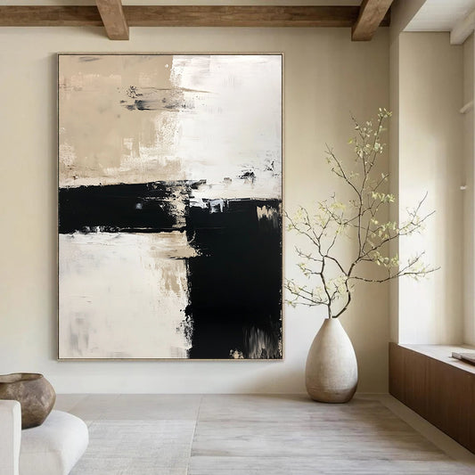 Contemporary hand-painted abstract art features a harmonious blend of white, beige, and black tones in acrylic paint for a modern aesthetic. DLZ0270