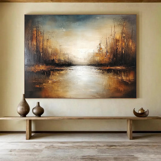 “Golden Forest Stream” - Brown, Gold, Gray, Sunlit Trees and Reflective Stream Painting On Canvas HB0929