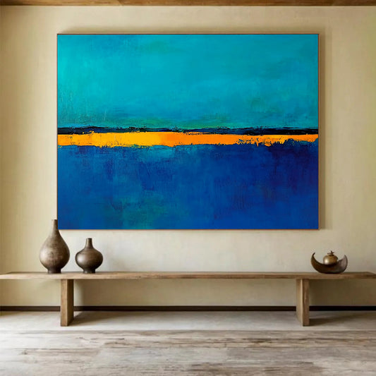 “Teal Orange Horizon” - Teal, blue, orange; Minimalist color - block horizon; Acrylic Painting On Canvas HB1215