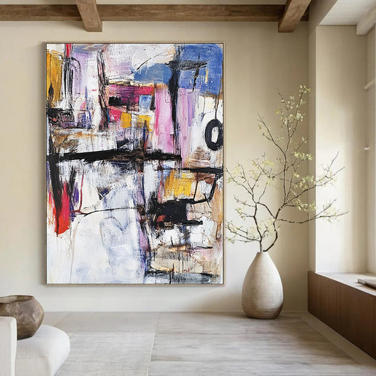 Contemporary abstract painting featuring vibrant shapes and textures in diverse colors, created with thick brush strokes and palette knife techniques in oil. DLZ0588