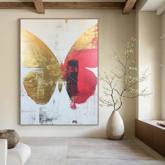 Contemporary abstract art featuring a striking butterfly design on a white background adorned with gold and red accents. Ideal for modern spaces. DLZ0369