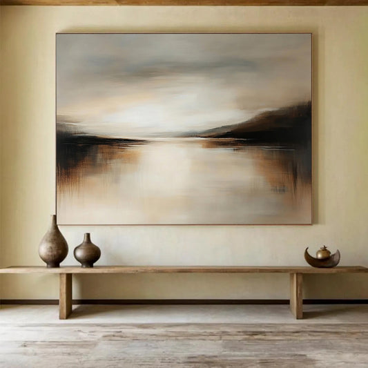 “Neutral Water Mirror” - Warm Beiges, Browns, and Muted Grays, Calm Water Reflecting a Subtle Sky Painting On Canvas HB0913