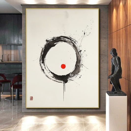 Black, White and Red Circle "Vibrant Harmony" Painting On Canvas HB273