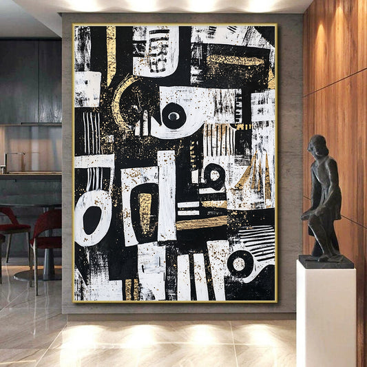 Black, White, Gold and Gray Abstract Symbols "Mystic Symbols" Painting On Canvas HB342